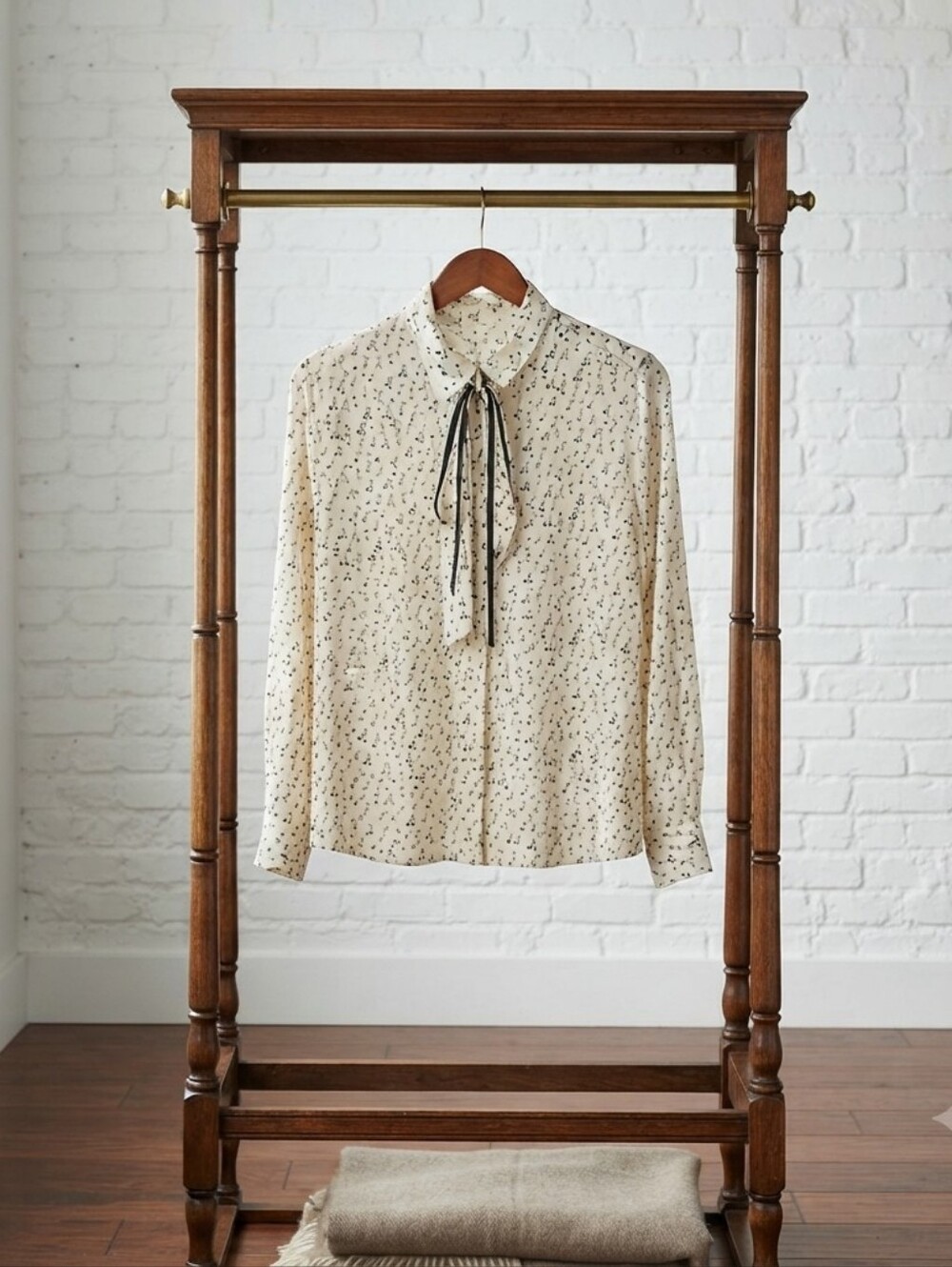 LOFT Cream Printed Tie-Neck Button-Down Blouse with Black Bow